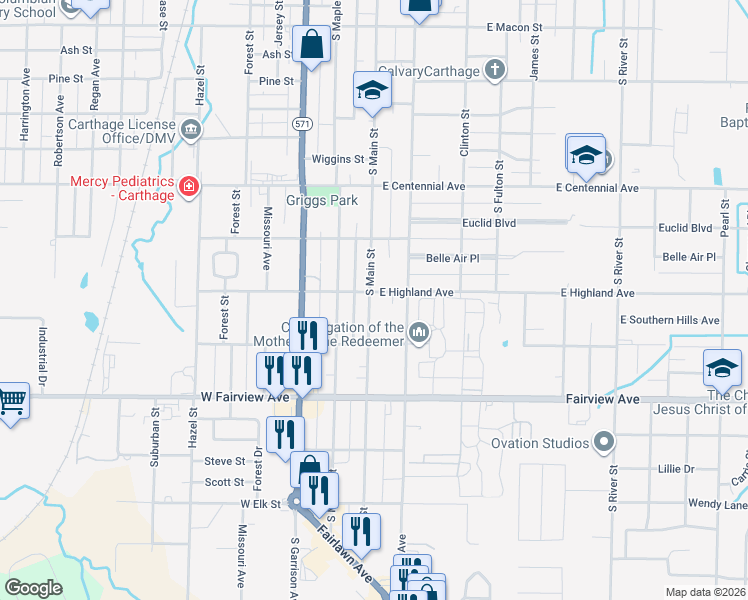 map of restaurants, bars, coffee shops, grocery stores, and more near 1806 South Main Street in Carthage