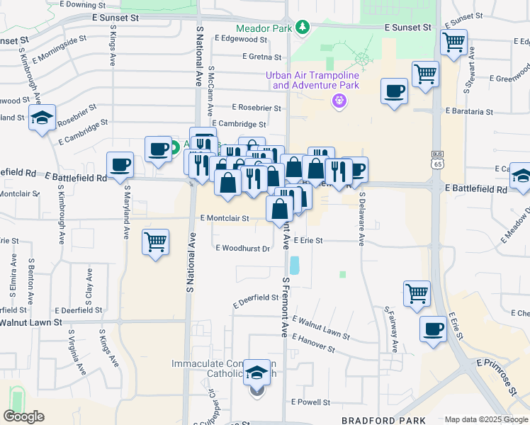 map of restaurants, bars, coffee shops, grocery stores, and more near 1333 East Montclair Street in Springfield