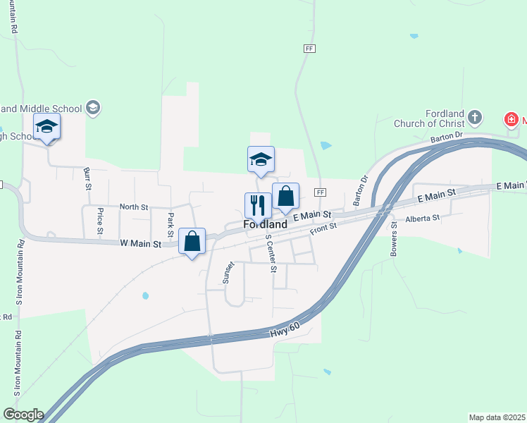 map of restaurants, bars, coffee shops, grocery stores, and more near 252 North Center Street in Fordland