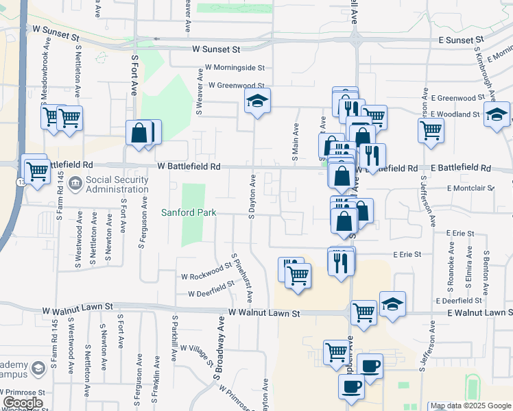 map of restaurants, bars, coffee shops, grocery stores, and more near 3102 South Dayton Avenue in Springfield