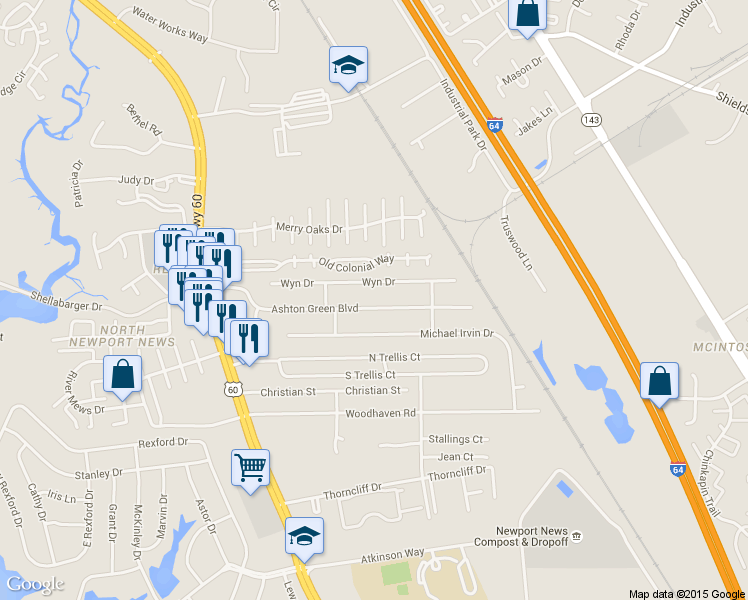 map of restaurants, bars, coffee shops, grocery stores, and more near 473 Ashton Green Boulevard in Newport News