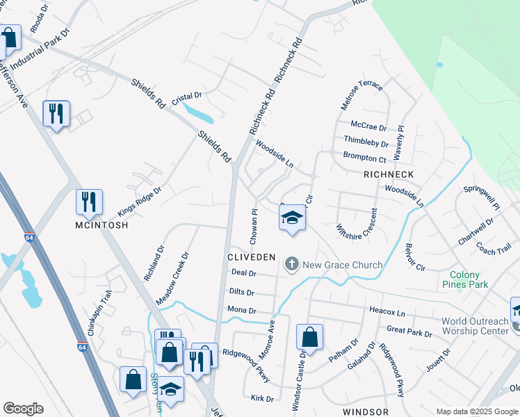 map of restaurants, bars, coffee shops, grocery stores, and more near 24 Chowan Place in Newport News