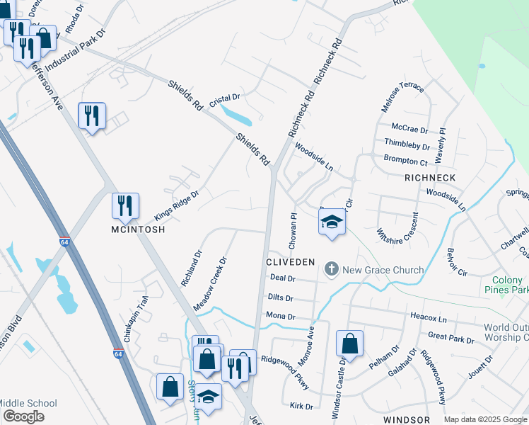 map of restaurants, bars, coffee shops, grocery stores, and more near 307 Richneck Road in Newport News