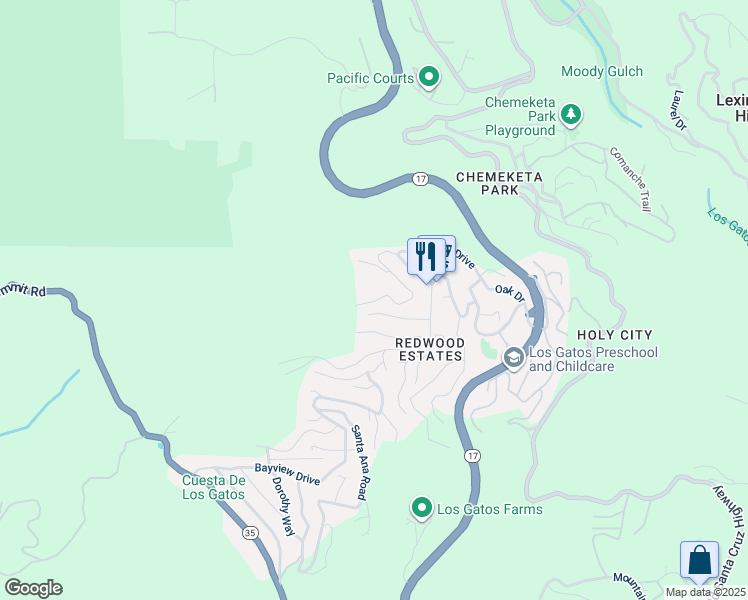 map of restaurants, bars, coffee shops, grocery stores, and more near 21448 Lee Drive in Los Gatos