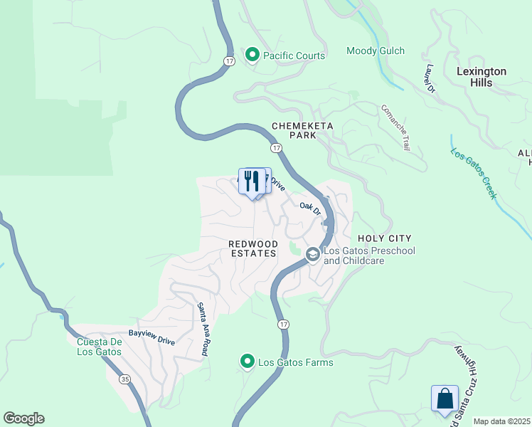 map of restaurants, bars, coffee shops, grocery stores, and more near 21435 Madrone Drive in Los Gatos