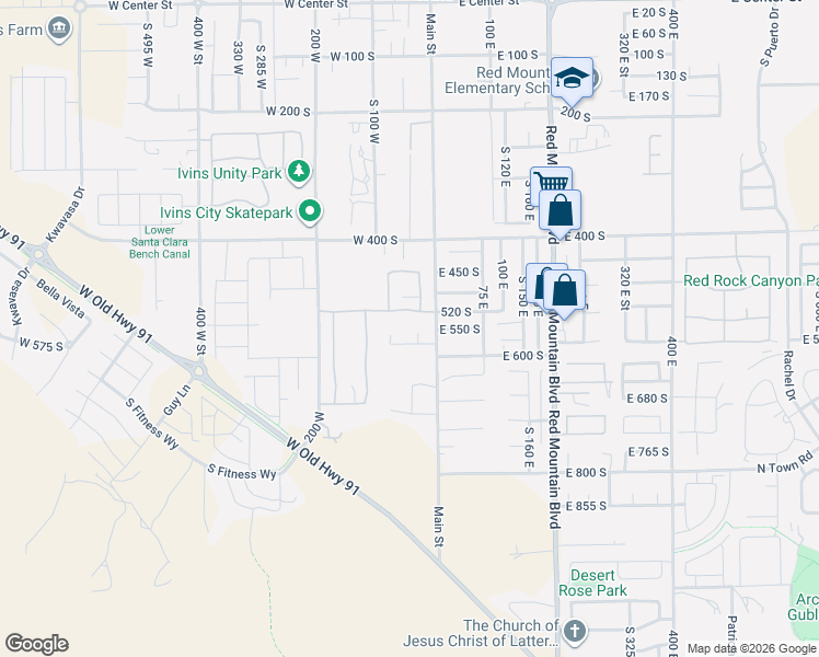 map of restaurants, bars, coffee shops, grocery stores, and more near 562 Harmony Circle in Ivins