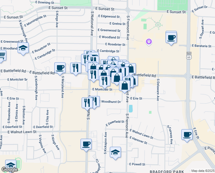 map of restaurants, bars, coffee shops, grocery stores, and more near 1316 East Battlefield Road in Springfield