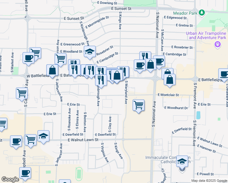 map of restaurants, bars, coffee shops, grocery stores, and more near 909 East Montclair Street in Springfield