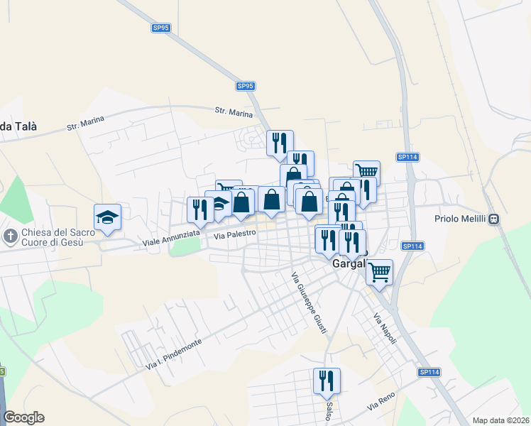 map of restaurants, bars, coffee shops, grocery stores, and more near in Priolo Gargallo