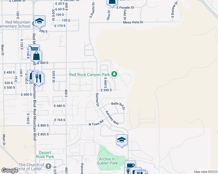 map of restaurants, bars, coffee shops, grocery stores, and more near 562 South 675 East in Ivins