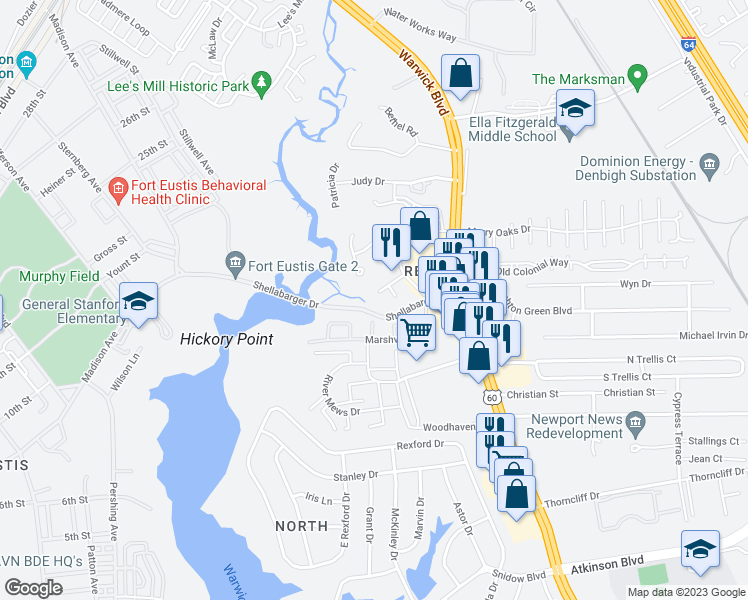 map of restaurants, bars, coffee shops, grocery stores, and more near 220 Heron Drive in Newport News