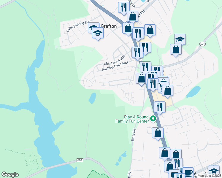 map of restaurants, bars, coffee shops, grocery stores, and more near 408 Timberline Loop in Yorktown