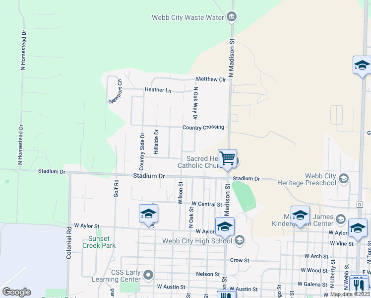 map of restaurants, bars, coffee shops, grocery stores, and more near 1002 Oak Way Drive in Webb City