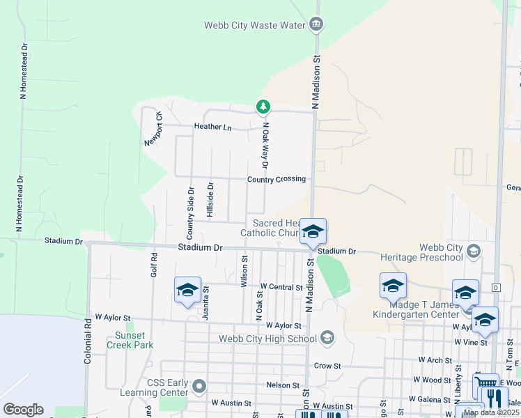 map of restaurants, bars, coffee shops, grocery stores, and more near 1002 Oak Way Drive in Webb City
