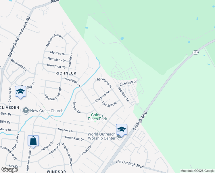 map of restaurants, bars, coffee shops, grocery stores, and more near 951 Chartwell Drive in Newport News