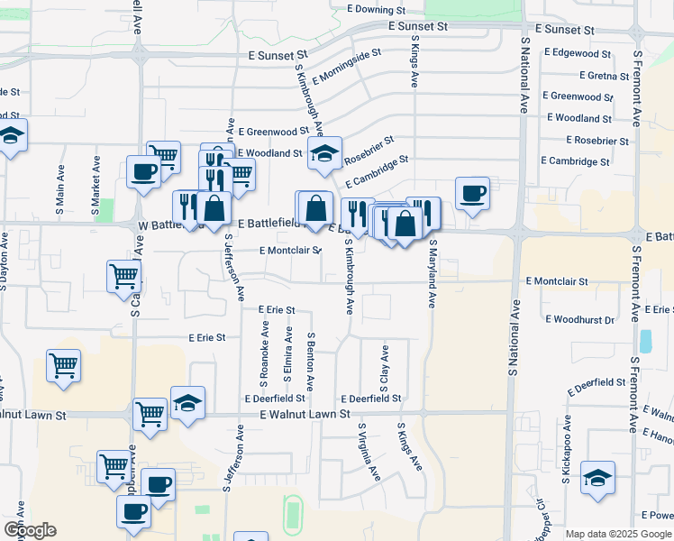 map of restaurants, bars, coffee shops, grocery stores, and more near 711 East Montclair Street in Springfield