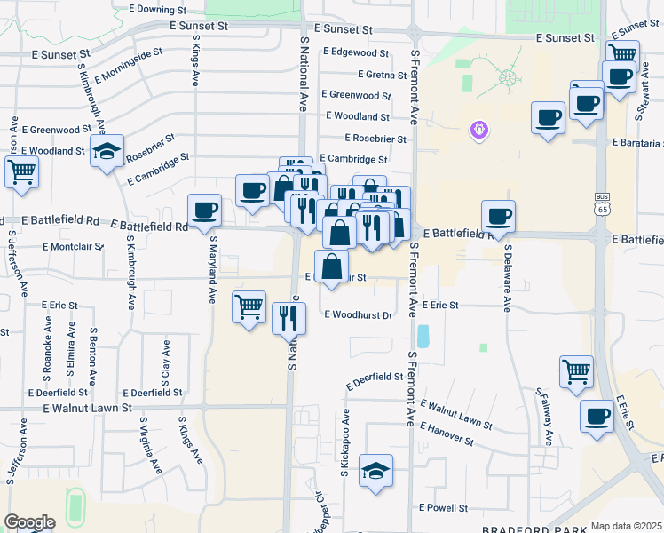 map of restaurants, bars, coffee shops, grocery stores, and more near 1245 East Montclair Street in Springfield