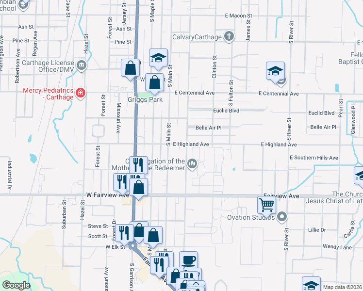 map of restaurants, bars, coffee shops, grocery stores, and more near 1806 South Main Street in Carthage