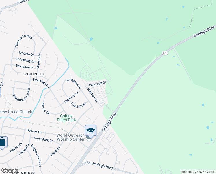map of restaurants, bars, coffee shops, grocery stores, and more near 1415 Harwinton Court in Newport News