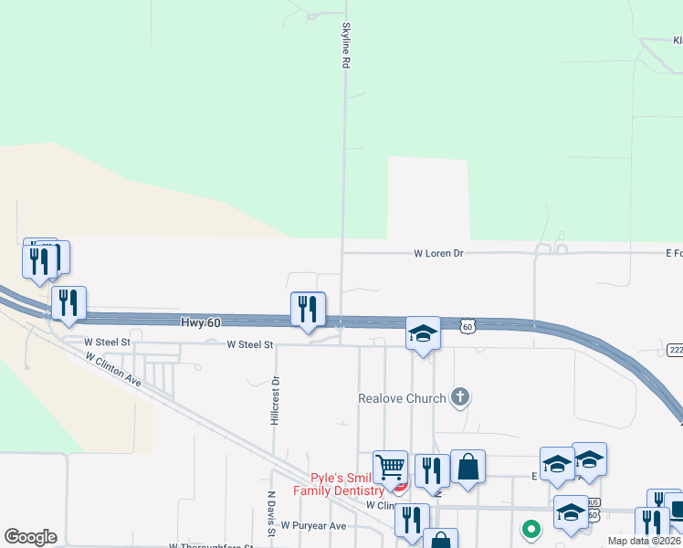 map of restaurants, bars, coffee shops, grocery stores, and more near Skyline Road in Seymour