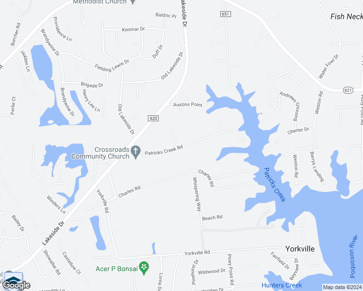 map of restaurants, bars, coffee shops, grocery stores, and more near 307 Patricks Creek Road in Yorktown