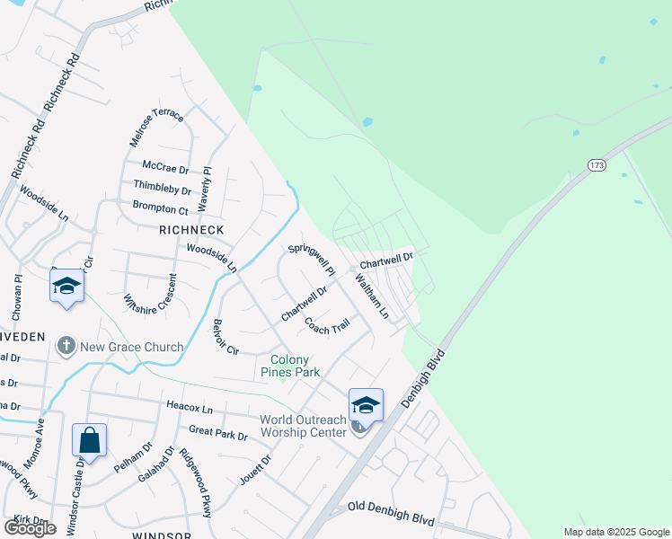 map of restaurants, bars, coffee shops, grocery stores, and more near 1242 Springwell Place in Newport News