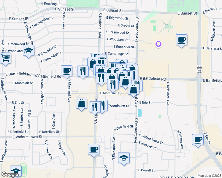 map of restaurants, bars, coffee shops, grocery stores, and more near 1245 E Montclair St in Springfield