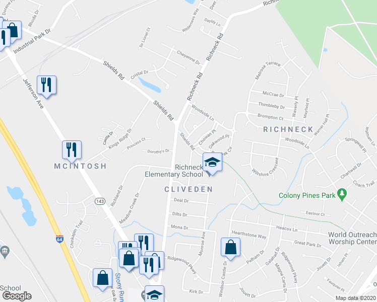 map of restaurants, bars, coffee shops, grocery stores, and more near 21 Chowan Place in Newport News