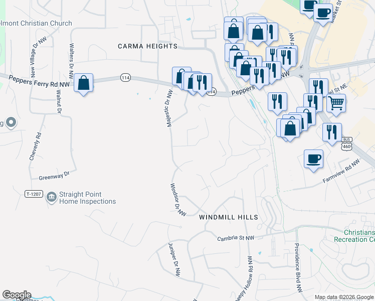 map of restaurants, bars, coffee shops, grocery stores, and more near 523 Windsor Drive Northwest in Christiansburg