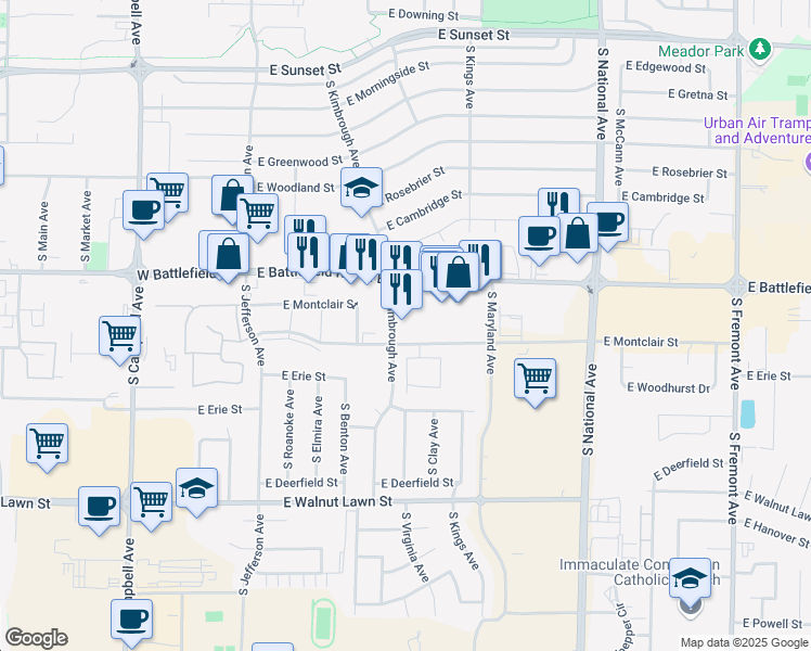map of restaurants, bars, coffee shops, grocery stores, and more near 3046 South Kimbrough Avenue in Springfield