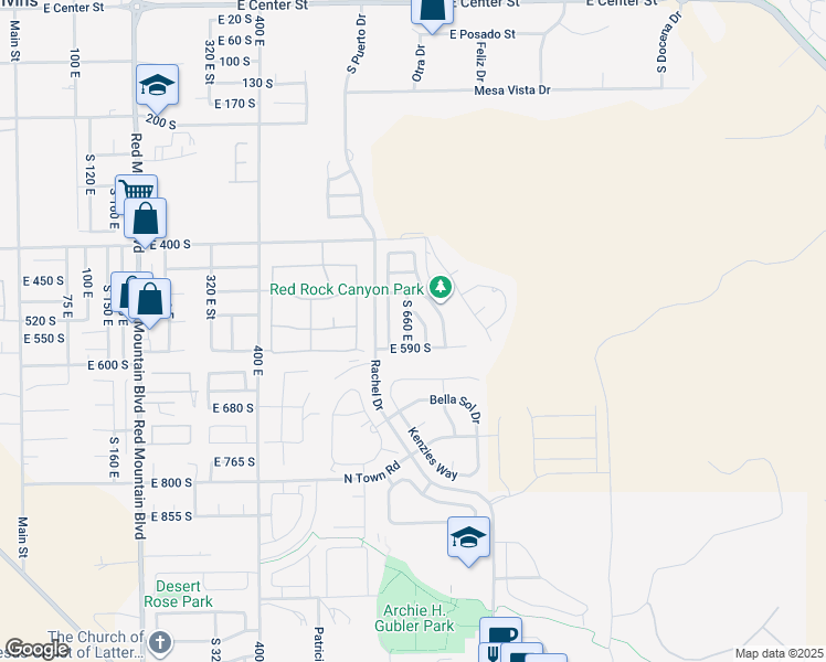 map of restaurants, bars, coffee shops, grocery stores, and more near 555 South 660 East in Ivins
