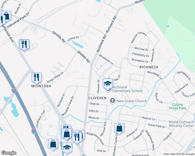 map of restaurants, bars, coffee shops, grocery stores, and more near 21 Chowan Place in Newport News