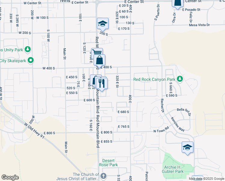 map of restaurants, bars, coffee shops, grocery stores, and more near 290 East 535 South in Ivins