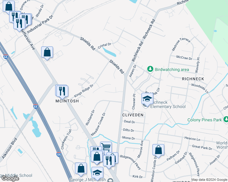 map of restaurants, bars, coffee shops, grocery stores, and more near 709 Dorothy's Drive in Newport News