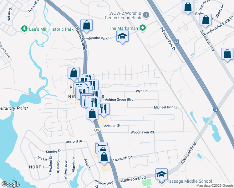 map of restaurants, bars, coffee shops, grocery stores, and more near 447 Ashton Green Boulevard in Newport News