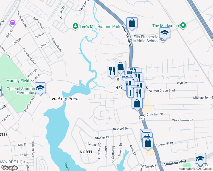 map of restaurants, bars, coffee shops, grocery stores, and more near 106 Egret Court in Newport News