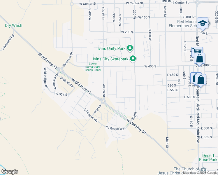 map of restaurants, bars, coffee shops, grocery stores, and more near 352 West Refuge Road in Ivins