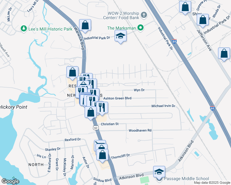map of restaurants, bars, coffee shops, grocery stores, and more near 447 Ashton Green Boulevard in Newport News