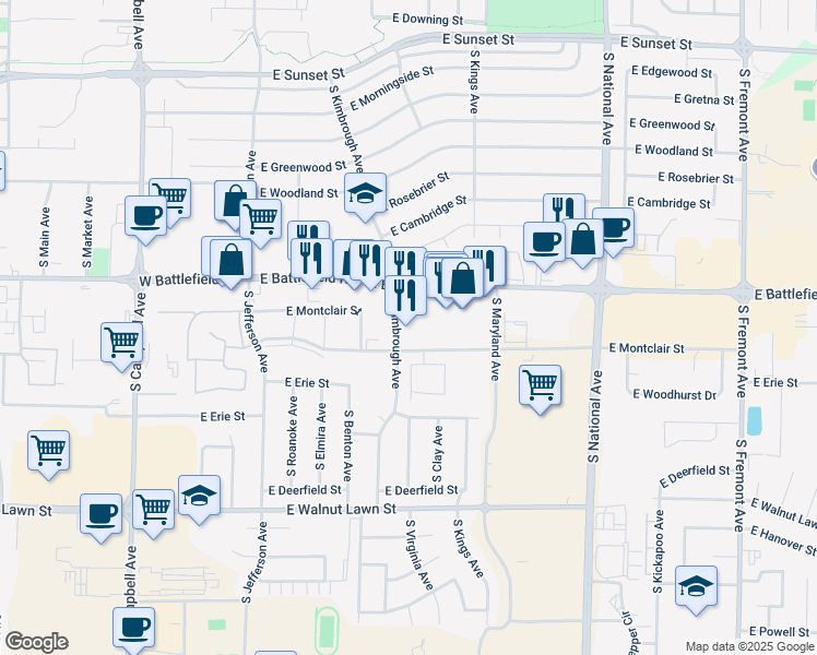 map of restaurants, bars, coffee shops, grocery stores, and more near 3046 South Kimbrough Avenue in Springfield