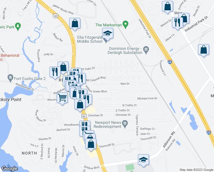 map of restaurants, bars, coffee shops, grocery stores, and more near 452 Wyn Drive in Newport News