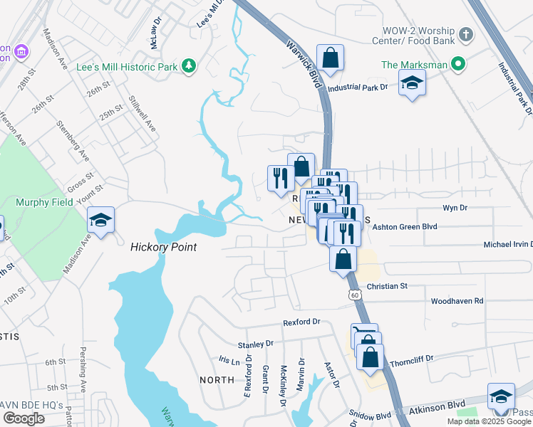map of restaurants, bars, coffee shops, grocery stores, and more near 217 Heron Drive in Newport News