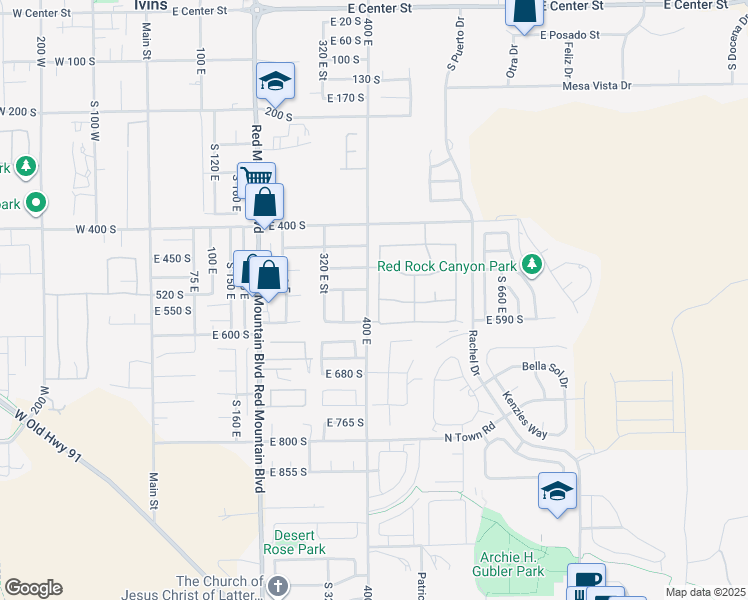 map of restaurants, bars, coffee shops, grocery stores, and more near 544 South Fiesta Drive in Ivins
