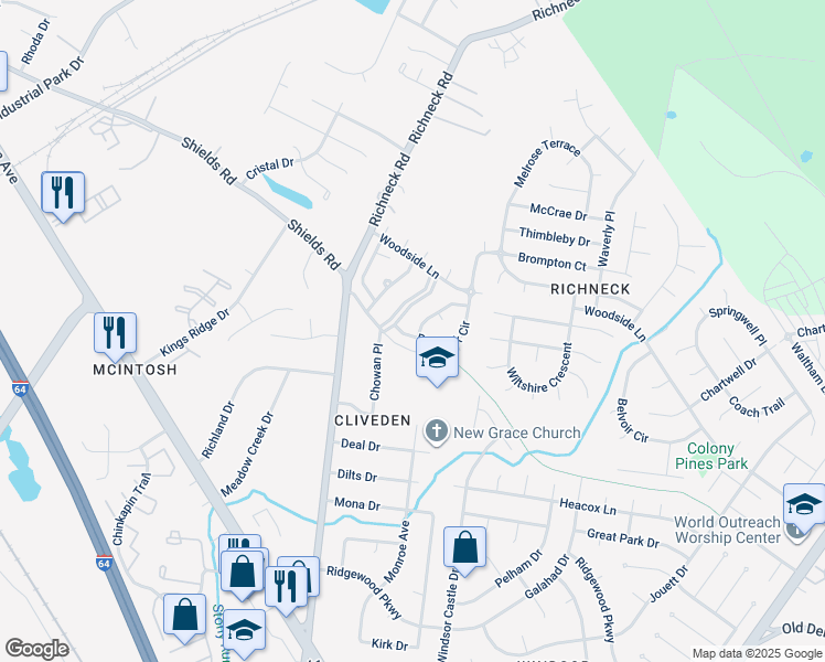 map of restaurants, bars, coffee shops, grocery stores, and more near 933 Red Oak Circle in Newport News