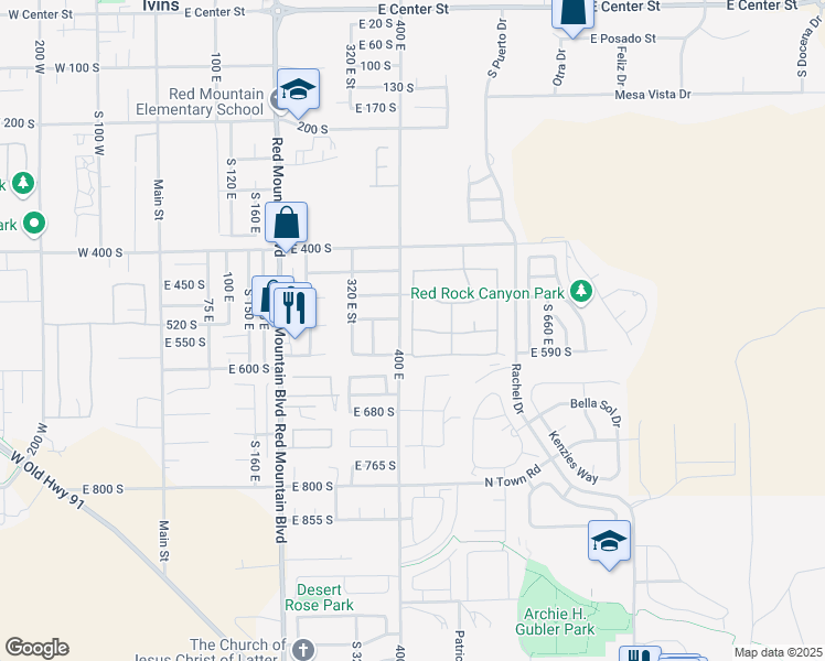map of restaurants, bars, coffee shops, grocery stores, and more near 544 South Fiesta Drive in Ivins