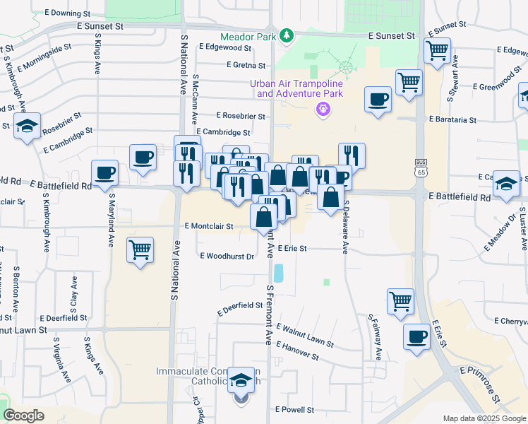 map of restaurants, bars, coffee shops, grocery stores, and more near 3036 South Fremont Avenue in Springfield