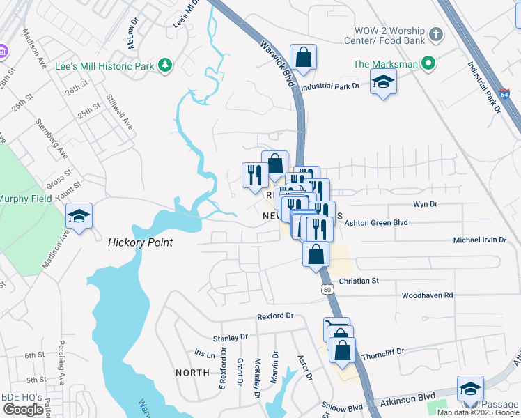map of restaurants, bars, coffee shops, grocery stores, and more near 105 Egret Court in Newport News