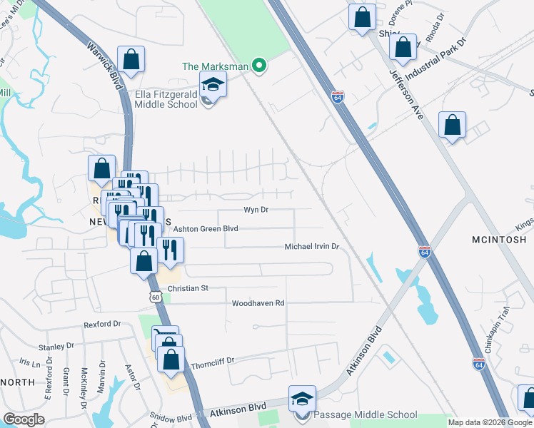 map of restaurants, bars, coffee shops, grocery stores, and more near 489 Ashton Green Boulevard in Newport News