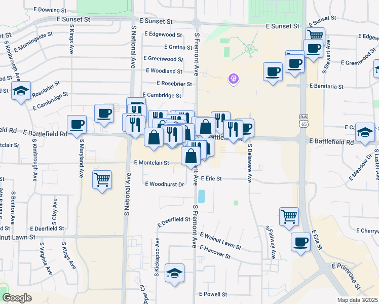 map of restaurants, bars, coffee shops, grocery stores, and more near 1333 E Montclair St in Springfield