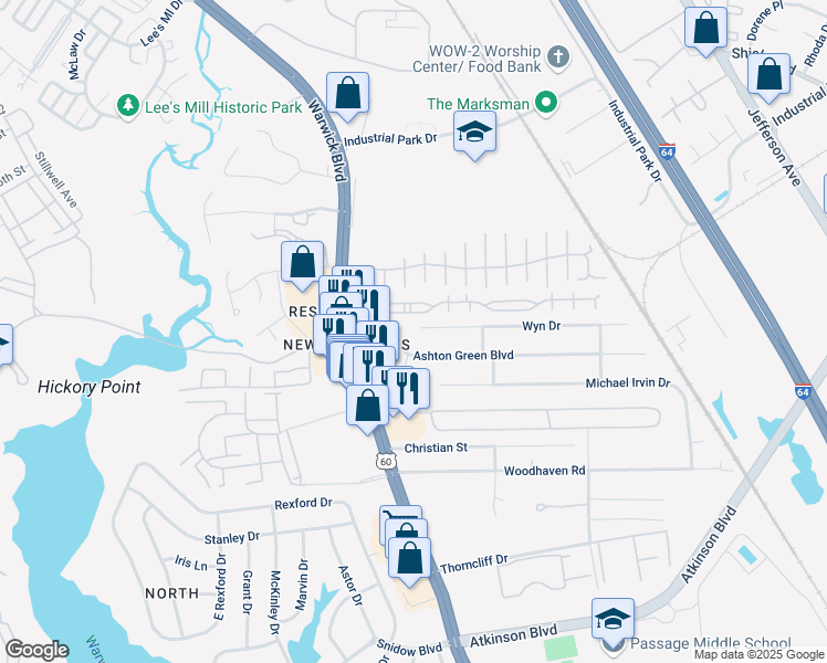 map of restaurants, bars, coffee shops, grocery stores, and more near 433 Ashton Green Boulevard in Newport News