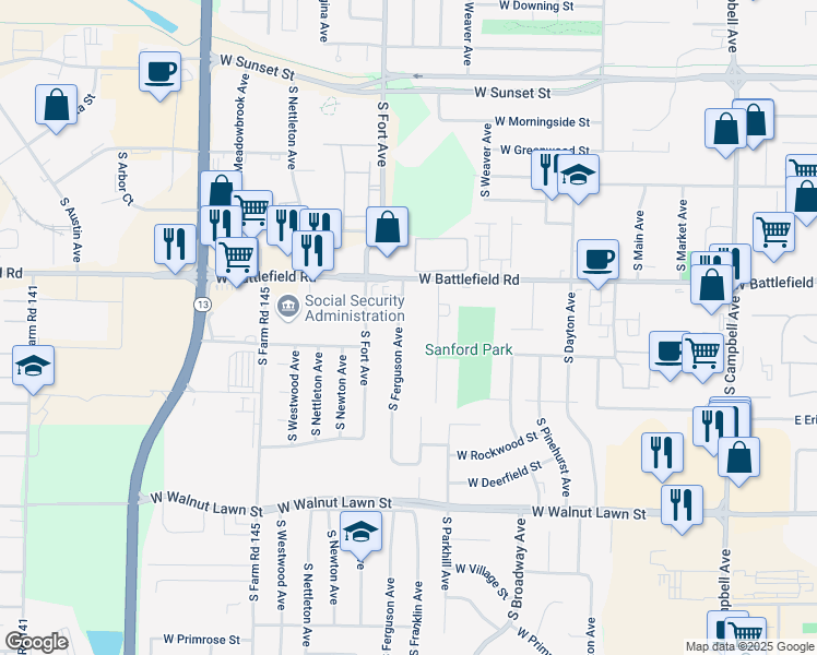 map of restaurants, bars, coffee shops, grocery stores, and more near 3111 South Franklin Avenue in Springfield